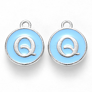 Platinum Plated Alloy Enamel Charms, Cadmium Free & Lead Free, Enamelled Sequins, Flat Round with Letter, Sky Blue, Letter.Q, 14x12x2mm, Hole: 1.5mm(ENAM-S118-04Q-P)