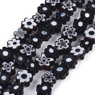 Handmade Millefiori Glass Bead Strands, Flower, Black, 4~7.2x2.6mm, Hole: 1mm, about 60~69pcs/Strand, 16 inch(40cm)(LAMP-J035-6mm-01)