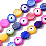 Natural Freshwater Shell Beads Strands, with Enamel, Dyed, Flat Round with Evil Eye, Mixed Color, 8x3~4mm, Hole: 0.8mm, about 48~49pcs/strand, 15.35 inch(39cm)(SHEL-S278-011)