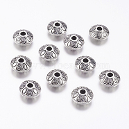 Tibetan Style Alloy Spacer Beads, Cadmium Free & Nickel Free & Lead Free, Rondelle with Flower, Antique Silver, 9x9x6mm, Hole: 1.5mm(LF10978Y-NF)