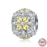 925 Sterling Silver Rhinestone European Beads, Large Hole Beads, Rondelle with Flower, Yellow, Platinum(CPDL-BB70993-F)