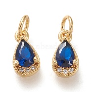 Brass Micro Pave Clear Cubic Zirconia Charms, with Jump Rings, Long-Lasting Plated, Real 18K Gold Plated, Teardrop, Blue, 10.5x5.5x3.5mm, Hole: 3.4mm(KK-F820-15B-G)