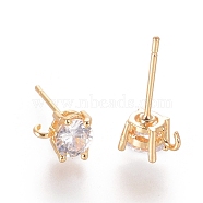 Brass Ear Studs, with Cubic Zirconia and Loop, Clear, Real 18K Gold Plated, 6.5x4mm, Hole: 1.5mm, Pin: 0.7mm(X-KK-S347-150)