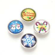 Christmas Pattern Brass Glass Snap Buttons, Jewelry Buttons, Flat Round, Platinum, Mixed Color, 18x9mm, Knob: 5.5mm(SNAP-Q007-097P-M)