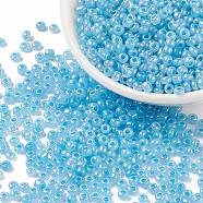 13G 8/0 Glass Seed Beads, Ceylon, Round, Pale Turquoise, 3mm, Hole: 1mm(SEED-XCP0001-05)