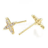 Brass Ear Studs, with Cubic Zirconia, Star, Real 18K Gold Plated, 6.5x6.5mm, Pin: 0.8mm(KK-S348-215)
