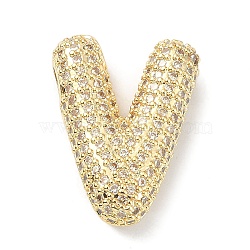 Rack Plating Brass Micro Pave Cubic Zirconia Pendants, Real 18K Gold Plated, Lead Free & Cadmium Free, Letter, Letter V, 23.5x17.5x6.5mm, Hole: 4x2.5mm(KK-Q790-01V-G)