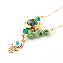 Alloy Enamel Hamsa Hand with Evil Eye Pendant Necklaces, with Lampwork Beads and Brass Cable Chains, Golden, Olive Drab, 17.91 inch(45.5cm)(NJEW-JN03469-03)