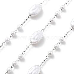 Handmade 304 Stainless Steel Chains, with ABS Imitation Pearl, Soldered, Oval, with Spool, Stainless Steel Color, 10x6x3.5mm, about 16.40 Feet(5m)/Roll(CHS-K020-06P)