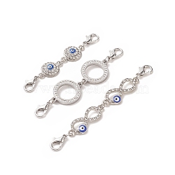 3Pcs 3 Styles Zinc Alloy Crystal Rhinestone Double Lobster Claw Clasps, Ring & Flat Round & Infinity Blue Evil Eye Lobster Claw Clasps, Platinum, 60~71mm, 1pc/style(FIND-JF00103)