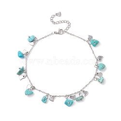 Synthetic Turquoise Chips & Heart Charms Anklet, 304 Stainless Steel Jewelry for Women, 9~9-1/8 inch(22.8~23cm)(AJEW-AN00512-01)