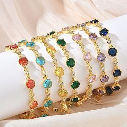 Brass Micro Pave Cubic Zirconia Link Cahin Bracelets for Women, Flat Round, with Glass, Cadmium Free & Lead Free, Long-Lasting Plated, Rack Plating, Real 18K Gold Plated, 7.09 inch(18cm)(BJEW-A172-01G)