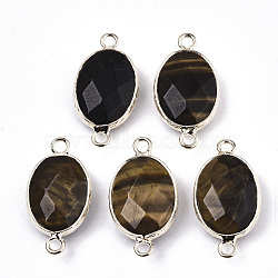 Natural Tiger Eye Links Connectors, with Light Gold Tone Brass Findings, Oval, Faceted, 27.5x14.5x6mm, Hole: 2mm(G-N326-44E)
