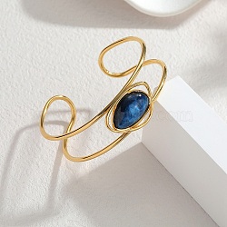 304 Stainless Steel & Teardrop Acrylic Imitation Gemstone Bead Cuff Bangles for Women, Golden, Marine Blue, Inner Diameter: 1.93 inch(4.9cm)x2.50 inch(6.35cm)(BJEW-T027-01B)