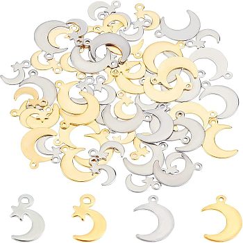 304 Stainless Steel Pendants & Charms, Star and Moon, Golden & Stainless Steel Color, 11~16x7~11x1mm, Hole: 1~1.5mm, 80pcs/box