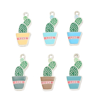 Alloy Enamel Pendants, Cactus with Word Love Charm, Platinum, Mixed Color, 27x11x1.3mm, Hole: 1.8mm