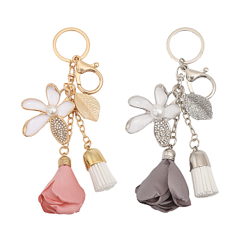 2Pcs 2 Colors Flower Keychain Rhinestone Tassel Leaf Key Ring, for Women Wallet Bag Pendant Charms, Platinum & Light Gold, 14.8cm, 1pc/color