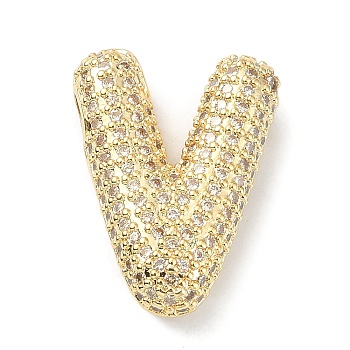 Rack Plating Brass Micro Pave Cubic Zirconia Pendants, Real 18K Gold Plated, Lead Free & Cadmium Free, Letter, Letter V, 23.5x17.5x6.5mm, Hole: 4x2.5mm