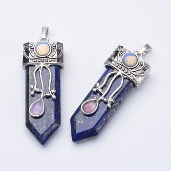 Natural Lapis Lazuli Big Pointed Pendants, with Brass Finding, 57~61x15~20x10~14mm, Hole: 4x7mm