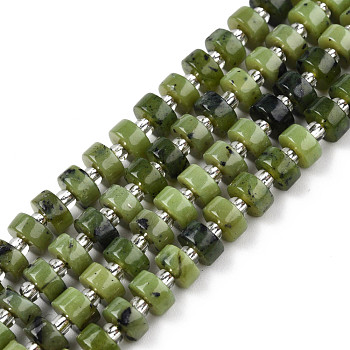 Natural Canadian Jade Beads Strands, with Seed Beads, Heishie Beads, Flat Round/Disc, 6~6.5x3~3.5mm, Hole: 1mm, about 35~42pcs/strand, 7.09 inch~7.68 inch(18~19.5cm)