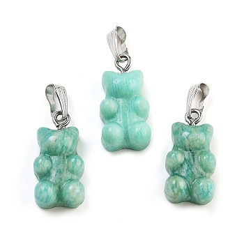 Natural Amazonite Pendants, with Stainless Steel Color Tone 201 Stainless Steel Findings, Bear, 27.5mm, Hole: 2.5x7.5mm, Bear: 21x11x6.5mm