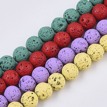Spray Painted Natural Lava Rock Beads Strands, Round, Mixed Color, 4mm, Hole: 0.7mm, about 91~93pcs/Strand, 15.75 inch(40cm)