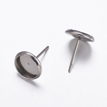 304 Stainless Steel Stud Earrings Findings, Flat Round, Stainless Steel Color, Tray: 6mm, 8mm, Pin: 1mm