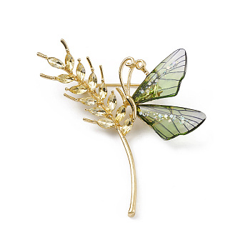 Rhinestone Wheat with Resin Butterfly Brooch Pin, Alloy Lapel Pin for Backpack Clothes, Light Gold, 62.5x56x5.5mm