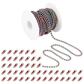 5M Ion Plating(IP) Rainbow Color 304 Stainless Steel Ball Chains, with 10Pcs Ion Plating(IP) 304 Stainless Steel Ball Chain Connectors, with Spool, Ball Chains: 3mm