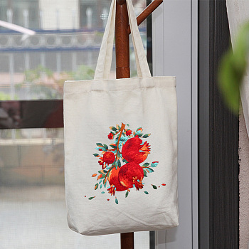 DIY Pomegranate Pattern Tote Bag Embroidery Kit, including Embroidery Needles & Thread, Cotton Fabric, Plastic Embroidery Hoop, White, 390x340mm