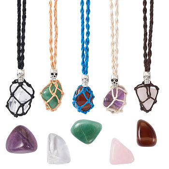 Fashewelry DIY Pendant Necklaces Making Kits, Including Nuggets Natural Gemstone Beads and Adjustable Braided Waxed Cord Macrame Pouch Necklace Making, Mixed Color, 17-3/8~18-1/2 inch(44~47cm)