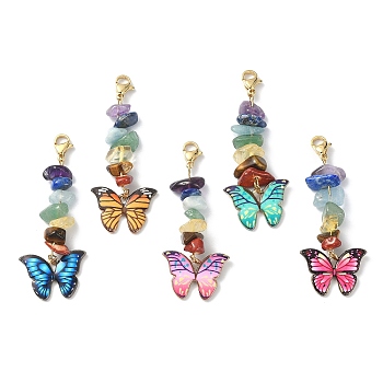 Butterfly Alloy Enamel Pendant Decorations, with Chakra Natural Gemstone Chips and 304 Stainless Steel Lobster Claw Clasps, Mixed Color, 57mm, 5 colors, 1pc/color, 5pcs/set