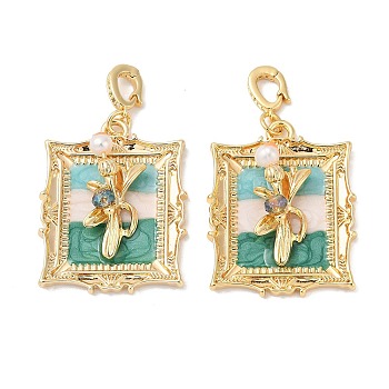 Brass Random Color Glass Pendants, Rectangle with Flower, with ABS Imitation Pearl & Enamel & Loop, Real 18K Gold Plated, 33.5x26.5x7.5mm, Hole: 5.5x5mm