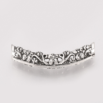 Tibetan Style Alloy Tube Beads, Curved Tube Noodle Beads, Cadmium Free & Lead Free, Curved Tube with Flower, Antique Silver, 32x6mm, Hole: 3mm, about 340pcs/1000g