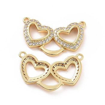 Brass Micro Pave Cubic Zirconia 2-Loop Pendants, Double Heart Charm, Golden, 14.5x25.5x3mm, Hole: 1.2mm