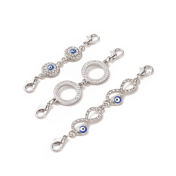 3Pcs 3 Styles Zinc Alloy Crystal Rhinestone Double Lobster Claw Clasps, Ring & Flat Round & Infinity Blue Evil Eye Lobster Claw Clasps, Platinum, 60~71mm, 1pc/style