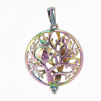 Plated Alloy Locket Pendants, Diffuser Locket, with Magnetic, Flat Round with Tree of Life & Owl, Colorful, 43x35x15.5mm, Hole: 6x3mm, Inner Measure: 32mm