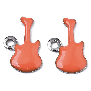 201 Stainless Steel Enamel Charms, Guitar, Stainless Steel Color, Coral, 15x9x2mm, Hole: 1.6mm