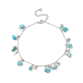 Synthetic Turquoise Chips & Heart Charms Anklet, 304 Stainless Steel Jewelry for Women, 9~9-1/8 inch(22.8~23cm)