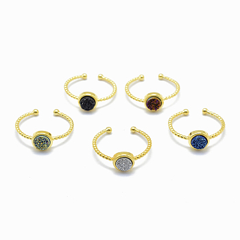 Electroplate Natural Druzy Agate Cuff Finger Rings, with Brass Findings, Golden, 19mm, 1.5~2.5mm
