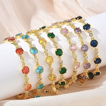 Brass Micro Pave Cubic Zirconia Link Cahin Bracelets for Women, Flat Round, with Glass, Cadmium Free & Lead Free, Long-Lasting Plated, Rack Plating, Real 18K Gold Plated, 7.09 inch(18cm)