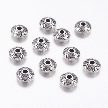 Tibetan Style Alloy Spacer Beads, Cadmium Free & Nickel Free & Lead Free, Rondelle with Flower, Antique Silver, 9x9x6mm, Hole: 1.5mm