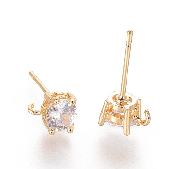 Brass Ear Studs, with Cubic Zirconia and Loop, Clear, Real 18K Gold Plated, 6.5x4mm, Hole: 1.5mm, Pin: 0.7mm