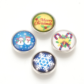 Christmas Pattern Brass Glass Snap Buttons, Jewelry Buttons, Flat Round, Platinum, Mixed Color, 18x9mm, Knob: 5.5mm