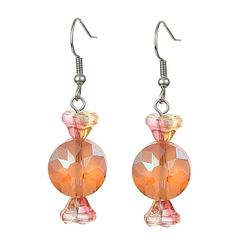 Glass Candy Dangle Earrings, 316 Surgical Stainless Steel Jewelry, Coral, 48.5~49x14mm