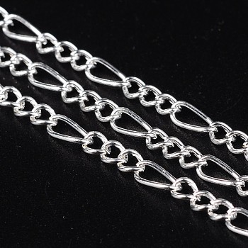 Iron Handmade Chains Figaro Chains Mother-Son Chains, Unwelded, Silver Color Plated, with Spool, Mother Link: 3x7mm, 1mm thick, Son Link: 2.5x4mm, 0.63mm thick, about 328.08 Feet(100m)/roll