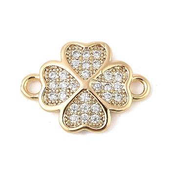 Brass Micro Pave Clear Cubic Zirconia Connector Charms, Cadmium Free & Nickel Free & Lead Free, Clover, Real 18K Gold Plated, 11x15.5x2.5mm, Hole: 1.6mm