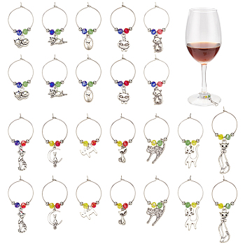 24Pcs 12 Style Tibetan Style Alloy Pendant & Brass Ring Wine Glass Charms, with Electroplate Glass & Brass Beads, Cat, Antique Silver, 42~66mm, 2pcs/style