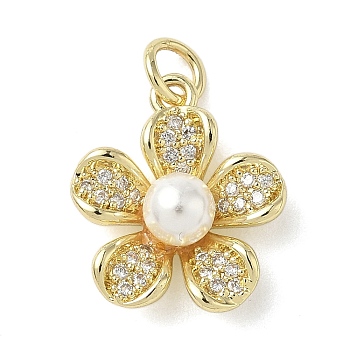 Brass Micro Pave Cubic Zirconia Pendants, with Pastic Pearl & Jump Ring, Flower Charms, Real 18K Gold Plated, 16.5x14.5x6mm, Hole: 3mm