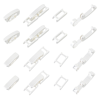 24Pcs 2 Styles Brass Fold Over Clasps, Rectangle, Silver, 15~16.5x3.5~4.5x4.5mm, Hole: 1.3~3.2x2mm, 12pcs/style